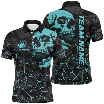 Custom Bowling Polo Shirts, Black Skull Camo Bowling Shirt For Men Custom Bowling Team Jerseys, Gifts For Bowlers Turquoise