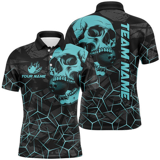 Custom Bowling Polo Shirts, Black Skull Camo Bowling Shirt For Men Custom Bowling Team Jerseys, Gifts For Bowlers Turquoise