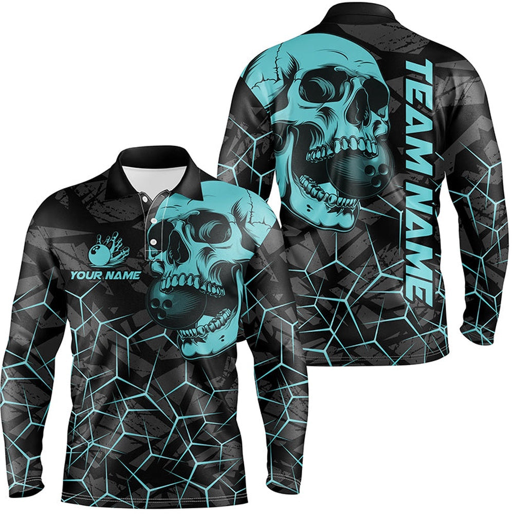 Custom Bowling Polo Shirts, Black Skull Camo Bowling Shirt For Men Custom Bowling Team Jerseys, Gifts For Bowlers Turquoise