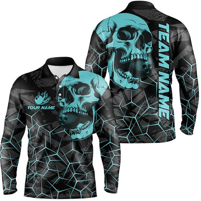 Custom Bowling Polo Shirts, Black Skull Camo Bowling Shirt For Men Custom Bowling Team Jerseys, Gifts For Bowlers Turquoise