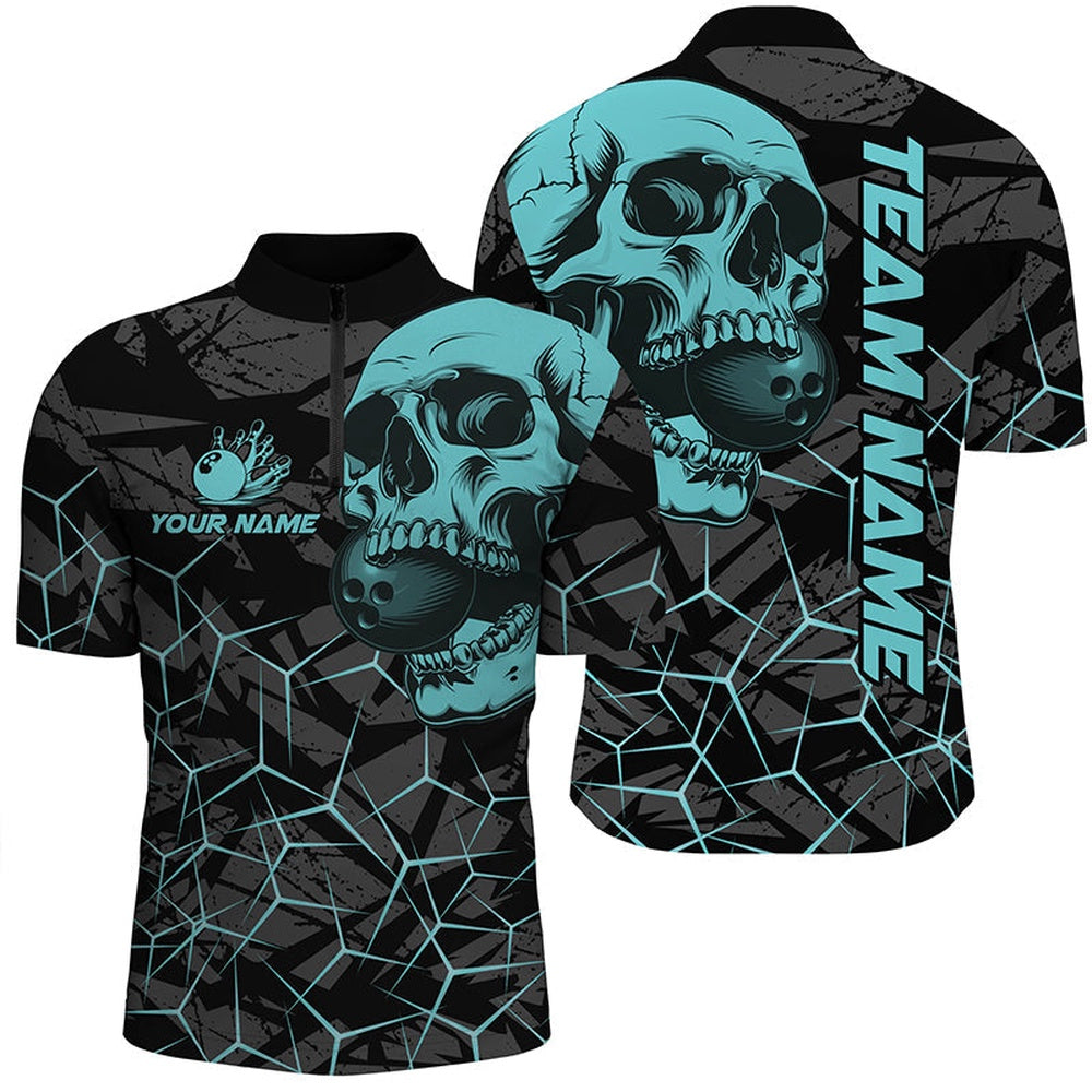Custom Bowling Polo Shirts, Black Skull Camo Bowling Shirt For Men Custom Bowling Team Jerseys, Gifts For Bowlers Turquoise