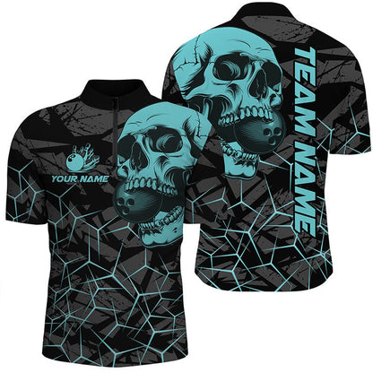 Custom Bowling Polo Shirts, Black Skull Camo Bowling Shirt For Men Custom Bowling Team Jerseys, Gifts For Bowlers Turquoise