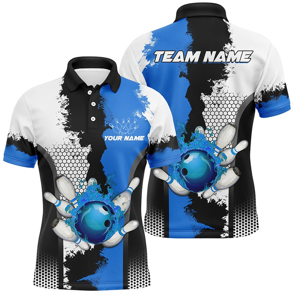 Custom Bowling Polo Shirts, Black White Bowling Fire League Jerseys Custom Men Bowling Polo Shirt, Gifts For Bowler Blue