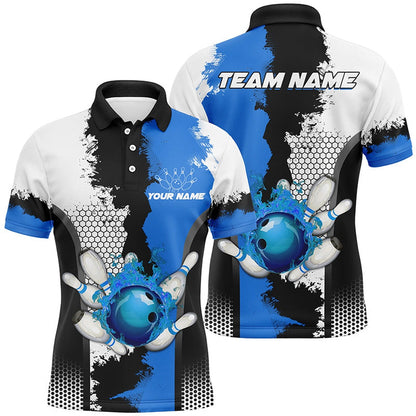 Custom Bowling Polo Shirts, Black White Bowling Fire League Jerseys Custom Men Bowling Polo Shirt, Gifts For Bowler Blue