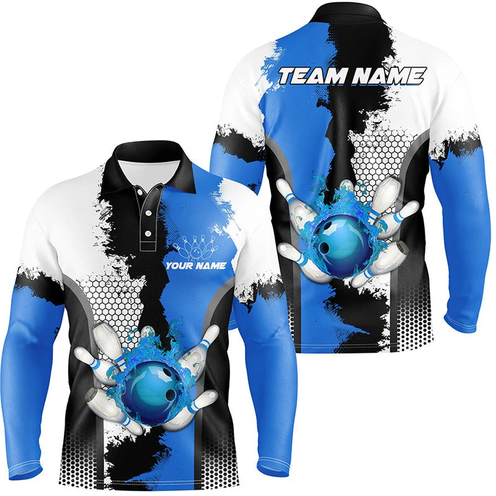 Custom Bowling Polo Shirts, Black White Bowling Fire League Jerseys Custom Men Bowling Polo Shirt, Gifts For Bowler Blue