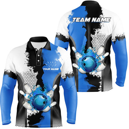 Custom Bowling Polo Shirts, Black White Bowling Fire League Jerseys Custom Men Bowling Polo Shirt, Gifts For Bowler Blue