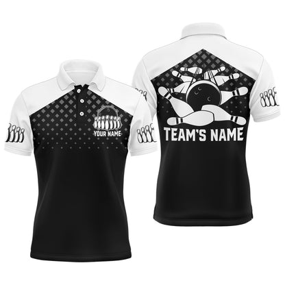 Custom Bowling Polo Shirts, Black&White Bowling Polo Shirt, Custom Name&Team Name Bowling Shirt Men, Funny Bowling Jersey