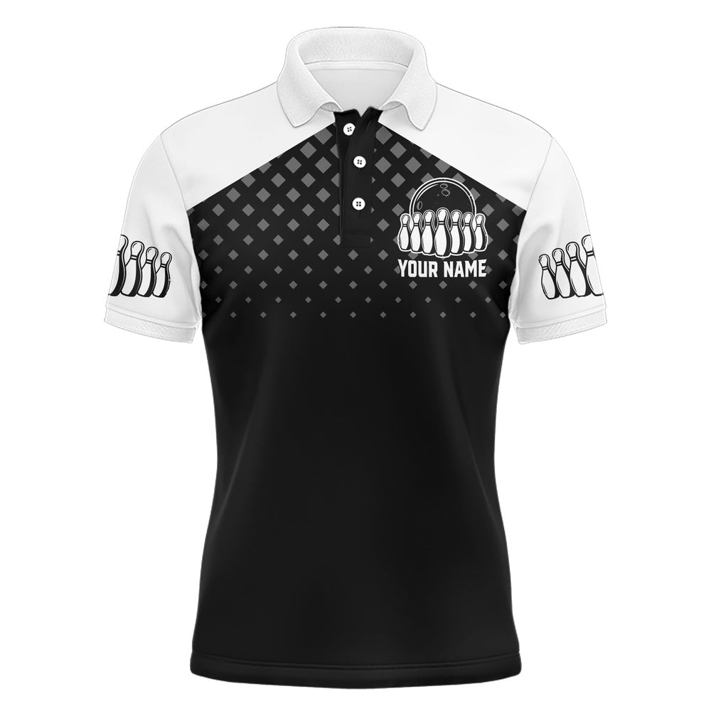 Custom Bowling Polo Shirts, Black&White Bowling Polo Shirt, Custom Name&Team Name Bowling Shirt Men, Funny Bowling Jersey