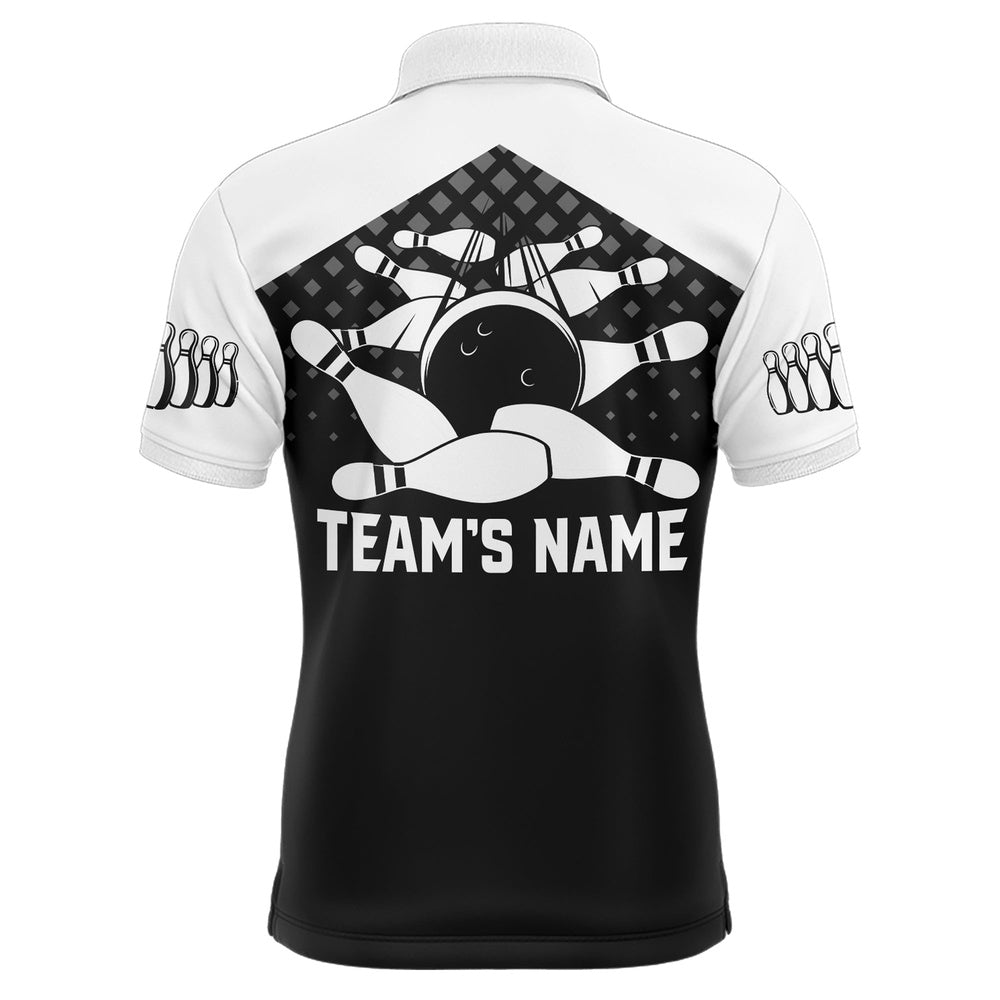 Custom Bowling Polo Shirts, Black&White Bowling Polo Shirt, Custom Name&Team Name Bowling Shirt Men, Funny Bowling Jersey