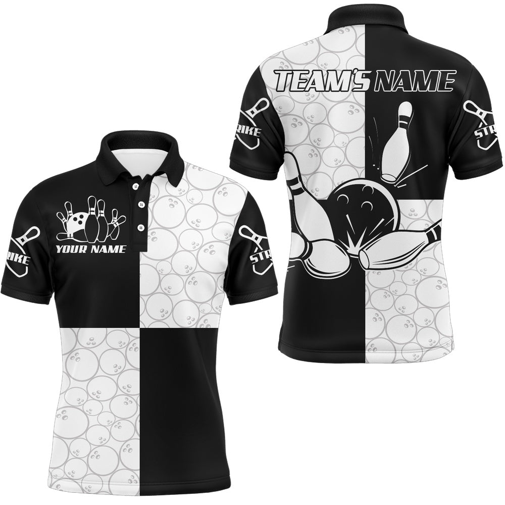 Custom Bowling Polo Shirts, Black & White Bowling Shirt For Men Custom Bowling Team Jersey League Polo Shirt