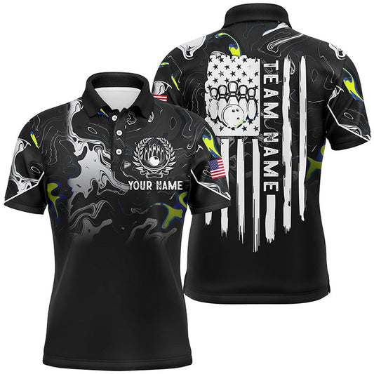 Custom Bowling Polo Shirts, Black White Camo Mens Polo Bowling Shirts Custom American Flag Patriotic Bowling Team League Jerseys