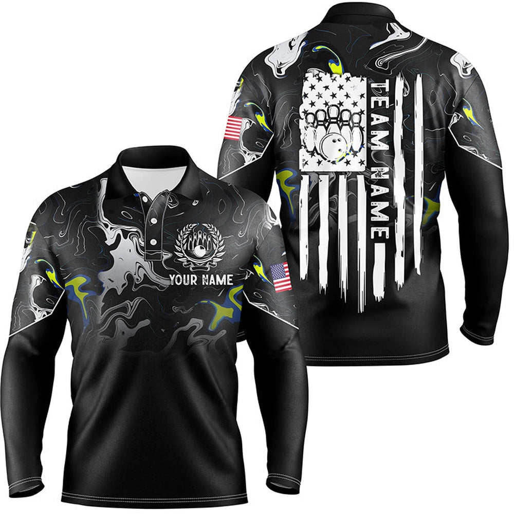 Custom Bowling Polo Shirts, Black White Camo Mens Polo Bowling Shirts Custom American Flag Patriotic Bowling Team League Jerseys