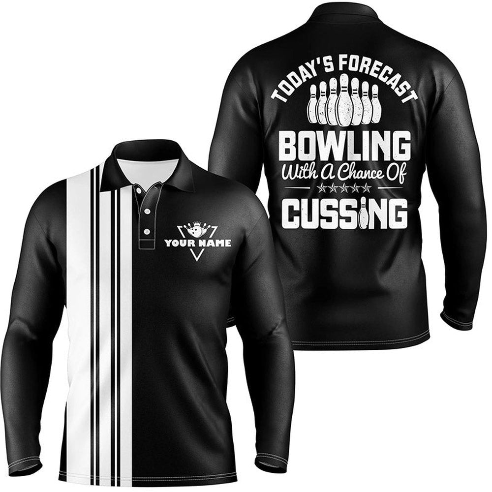 Custom Bowling Polo Shirts, Black White Retro Bowling Polo Shirts For Men Custom Today'S Forecast Bowling With A Chance Of Cussing