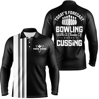 Custom Bowling Polo Shirts, Black White Retro Bowling Polo Shirts For Men Custom Today'S Forecast Bowling With A Chance Of Cussing