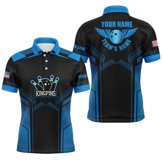 Custom Bowling Polo Shirts, Blue And Black Bowling Polo Shirts For Men Custom Name And Team Name Bowling Polo Team Shirts