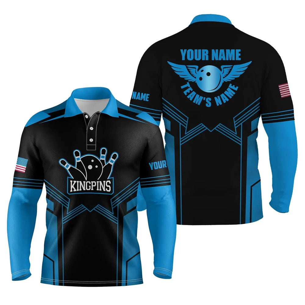 Custom Bowling Polo Shirts, Blue And Black Bowling Polo Shirts For Men Custom Name And Team Name Bowling Polo Team Shirts