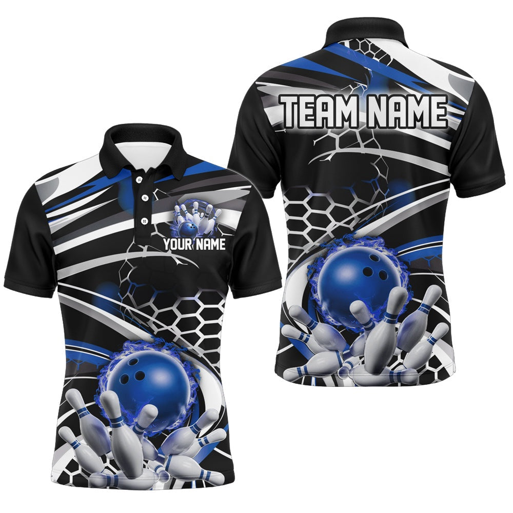Custom Bowling Polo Shirts, Blue And Black Custom Flame Bowling Shirt Outfit Bowling, Bowling Team League Shirts