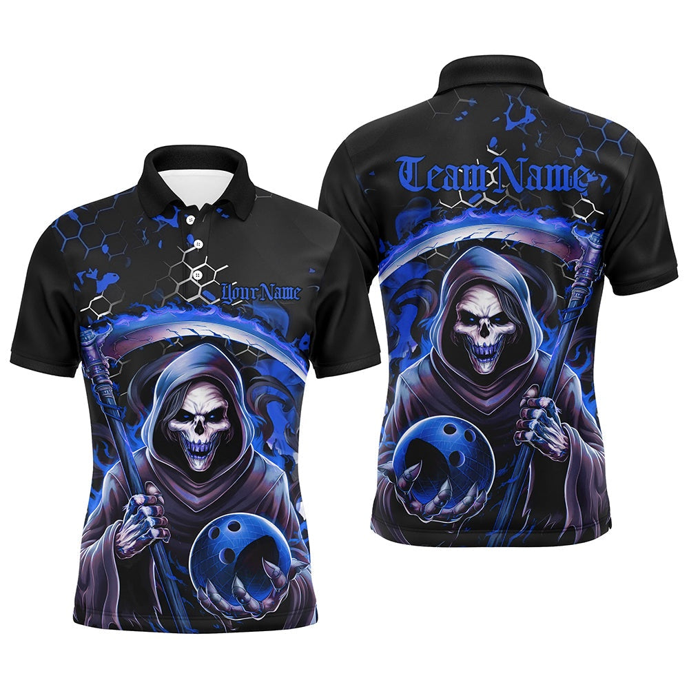 Custom Bowling Polo Shirts, Blue And Black Custom Grim Reaper Bowling Polo Shirts For Men, Halloween Skull Bowling Shirt Outfit