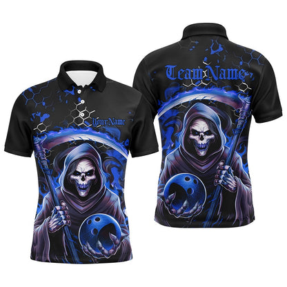Custom Bowling Polo Shirts, Blue And Black Custom Grim Reaper Bowling Polo Shirts For Men, Halloween Skull Bowling Shirt Outfit