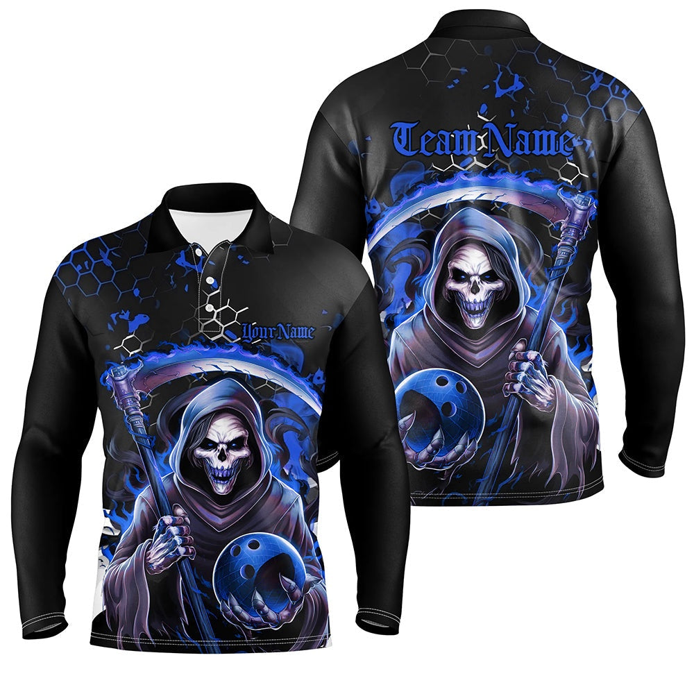 Custom Bowling Polo Shirts, Blue And Black Custom Grim Reaper Bowling Polo Shirts For Men, Halloween Skull Bowling Shirt Outfit