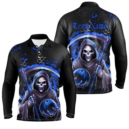 Custom Bowling Polo Shirts, Blue And Black Custom Grim Reaper Bowling Polo Shirts For Men, Halloween Skull Bowling Shirt Outfit