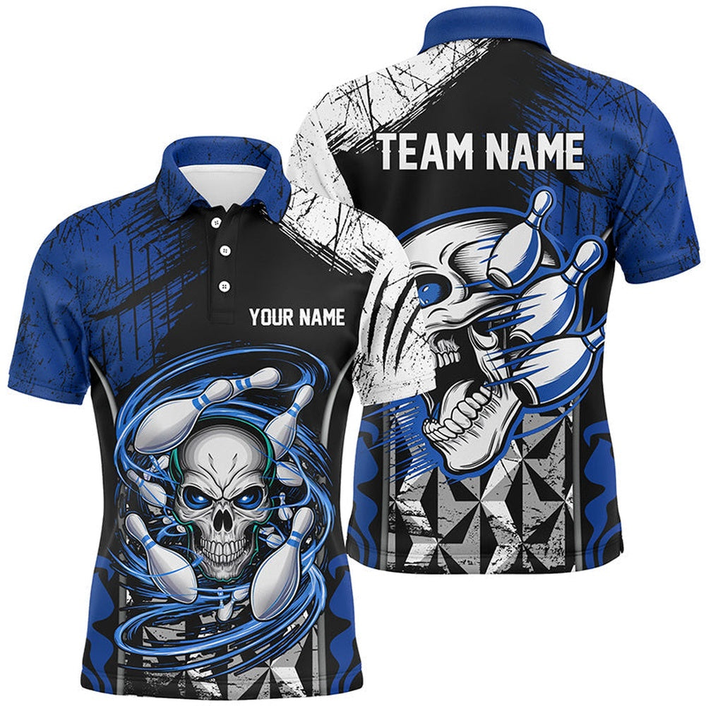 Custom Bowling Polo Shirts, Blue And Black Custom Skull Bowling Shirts, Short Sleeve Bowling Polo Shirts For Men Bowling Uniform