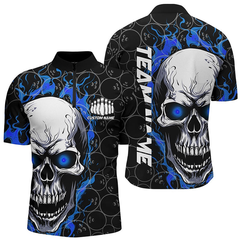 Custom Bowling Polo Shirts, Blue And Black Custom Skull Flame Bowling Shirts For Men, Custom Bowling Team Uniform For Bowlers