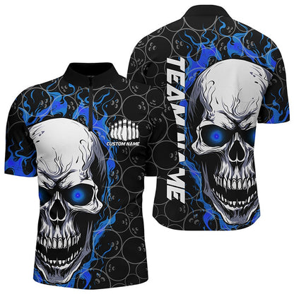 Custom Bowling Polo Shirts, Blue And Black Custom Skull Flame Bowling Shirts For Men, Custom Bowling Team Uniform For Bowlers