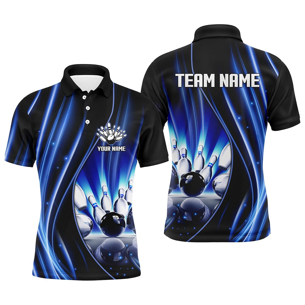 Custom Bowling Polo Shirts, Blue And Black Light Men Bowling Polo Shirt Custom Bowling League Jerseys, Personalized Bowling Gift