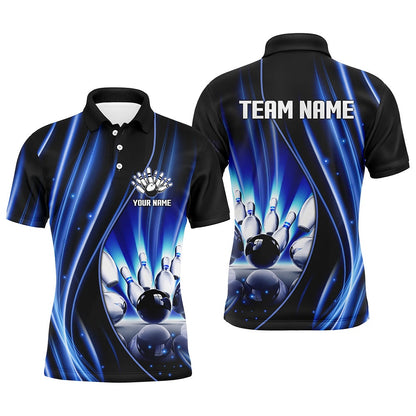 Custom Bowling Polo Shirts, Blue And Black Light Men Bowling Polo Shirt Custom Bowling League Jerseys, Personalized Bowling Gift