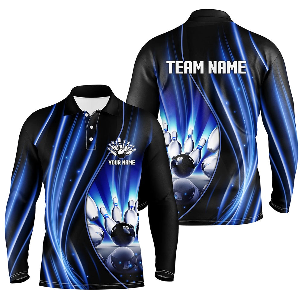 Custom Bowling Polo Shirts, Blue And Black Light Men Bowling Polo Shirt Custom Bowling League Jerseys, Personalized Bowling Gift
