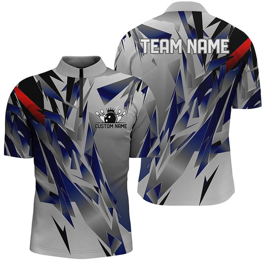 Custom Bowling Polo Shirts, Blue And Gray Custom Name Unisex Bowling Team Shirts, Bowling Tournament Jerseys For Bowlers Gift