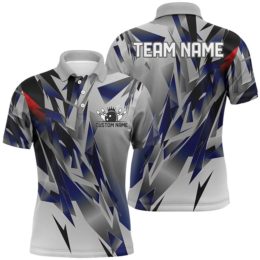 Custom Bowling Polo Shirts, Blue And Gray Custom Name Unisex Bowling Team Shirts, Bowling Tournament Jerseys For Bowlers Gift