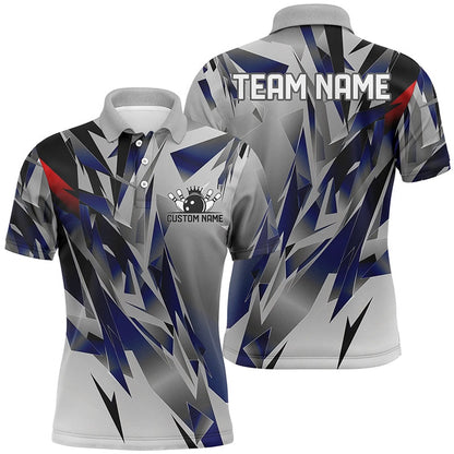 Custom Bowling Polo Shirts, Blue And Gray Custom Name Unisex Bowling Team Shirts, Bowling Tournament Jerseys For Bowlers Gift