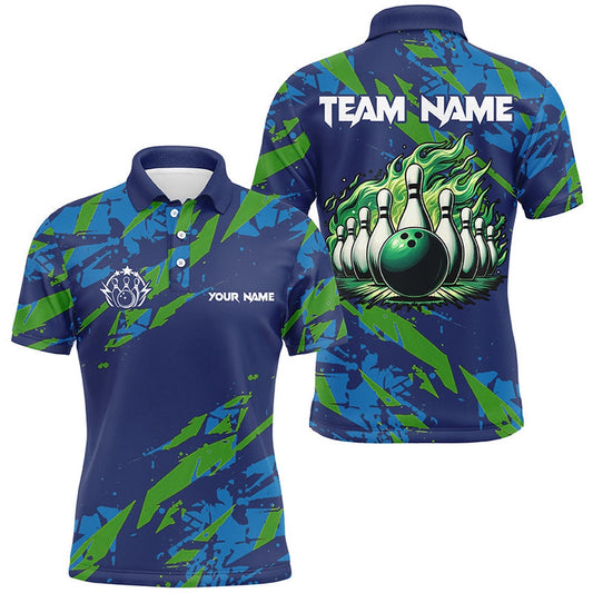 Custom Bowling Polo Shirts, Blue And Green Camo Bowling Polo Shirt For Men Custom Flame Bowling Ball Pins Team Bowler Jerseys