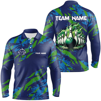 Custom Bowling Polo Shirts, Blue And Green Camo Bowling Polo Shirt For Men Custom Flame Bowling Ball Pins Team Bowler Jerseys