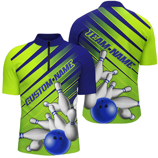 Custom Bowling Polo Shirts, Blue And Green Strike Bowling Shirts For Men And Women, Custom Name Bowling Team Jerseys