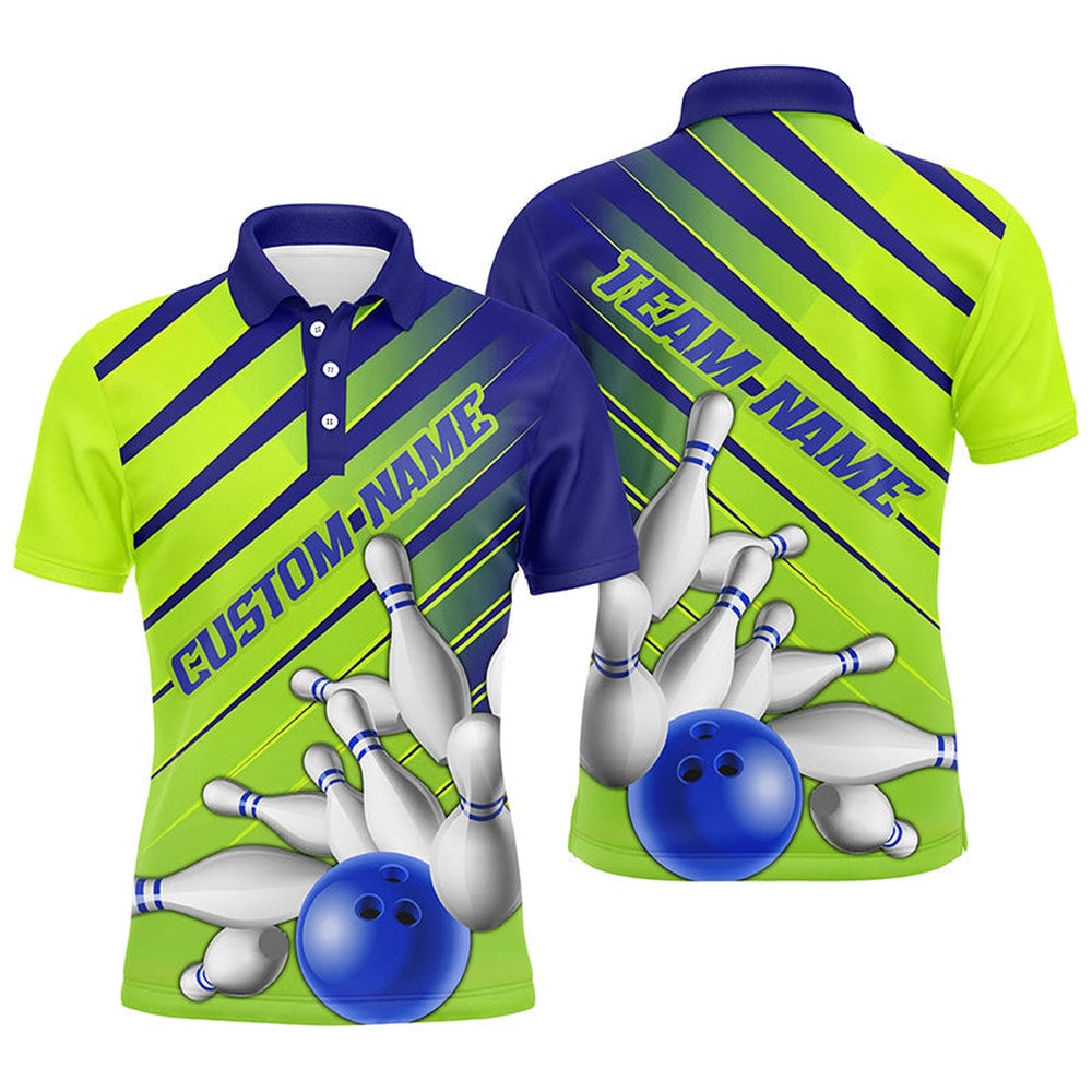 Custom Bowling Polo Shirts, Blue And Green Strike Bowling Shirts For Men And Women, Custom Name Bowling Team Jerseys