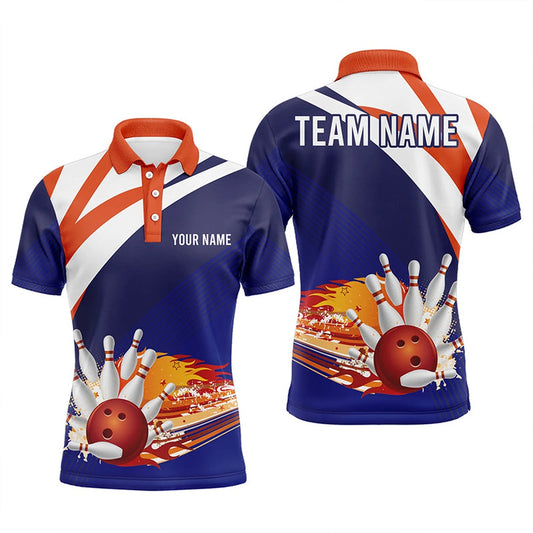 Custom Bowling Polo Shirts, Blue And Orange Men'S Bowling Polo Shirt Custom Name Mens Bowlers Jersey, Team Bowling Gifts