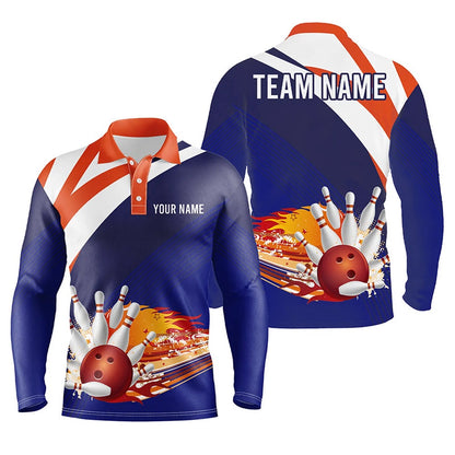 Custom Bowling Polo Shirts, Blue And Orange Men'S Bowling Polo Shirt Custom Name Mens Bowlers Jersey, Team Bowling Gifts