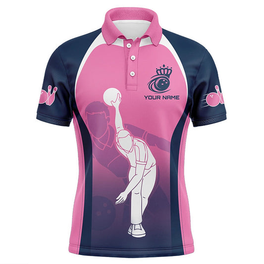 Custom Bowling Polo Shirts, Blue And Pink Bowling Polo Shirts For Men Custom Bowling Team Shirts, Personalized Bowling Jerseys