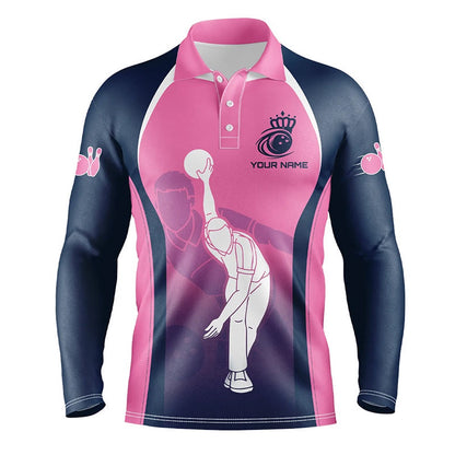 Custom Bowling Polo Shirts, Blue And Pink Bowling Polo Shirts For Men Custom Bowling Team Shirts, Personalized Bowling Jerseys