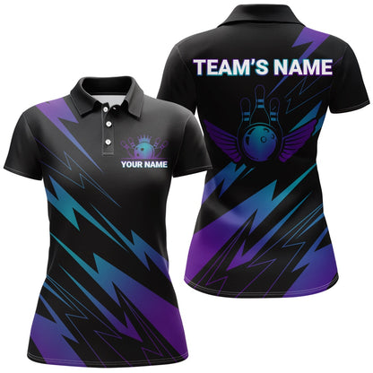 Custom Bowling Polo Shirts, Blue And Purple Bowling Shirt Men Women Custom Name Bowling Jersey Team Bowling Polo Shirts