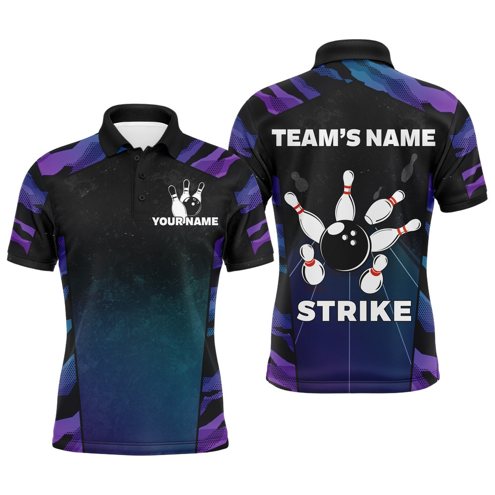 Custom Bowling Polo Shirts, Blue And Purple Bowling Shirt Men Women Personalized Bowling Jersey Team Bowling Polo Shirts