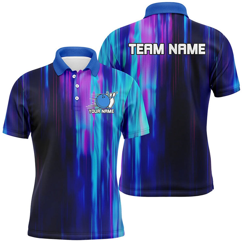 Custom Bowling Polo Shirts, Blue And Purple Custom Bowling Shirts For Men, Galaxy Bowling Team Shirts