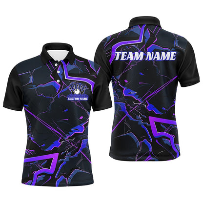 Custom Bowling Polo Shirts, Blue And Purple Custom Bowling Team Shirts For Men And Women, Bowling Tournament Outfits