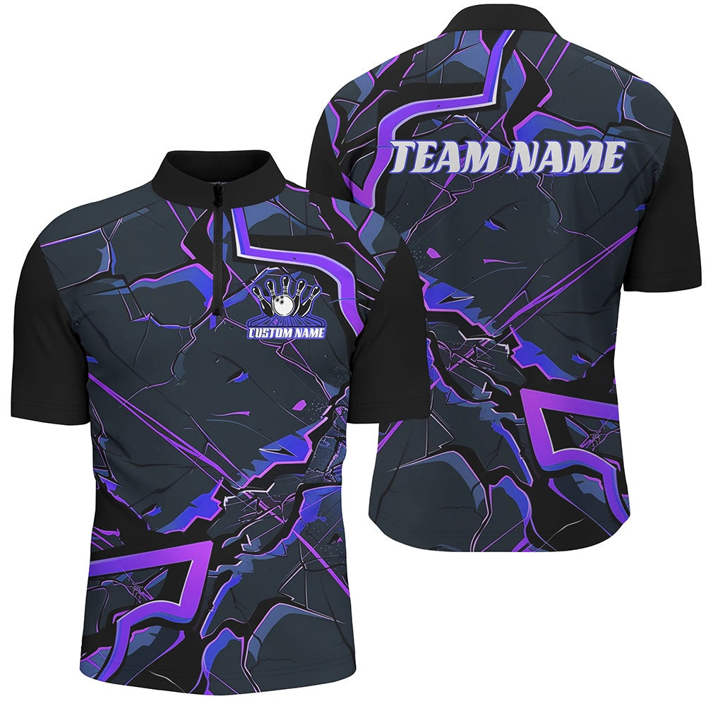 Custom Bowling Polo Shirts, Blue And Purple Custom Bowling Team Shirts For Men And Women, Bowling Tournament Outfits