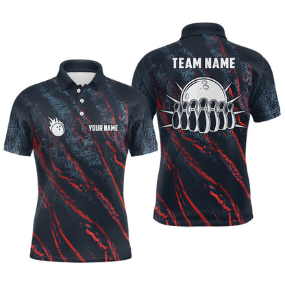 Custom Bowling Polo Shirts, Blue And Red Camo Bowling Ball And Pins Jerseys Custom Team League Bowling Polo Shirts For Men