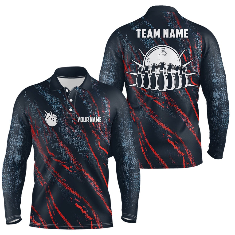 Custom Bowling Polo Shirts, Blue And Red Camo Bowling Ball And Pins Jerseys Custom Team League Bowling Polo Shirts For Men