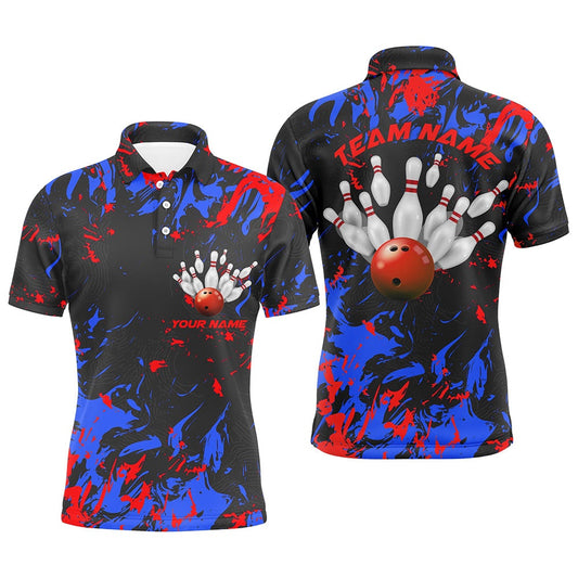 Custom Bowling Polo Shirts, Blue And Red Camo Bowling Team Shirts Custom Men Polo Shirts Bowling League Shirts